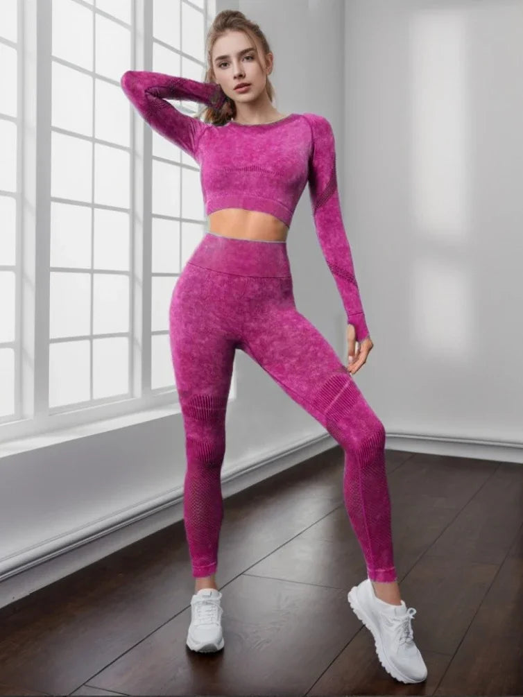 Ensemble de sport, pour femme, 2 pièces, séchage rapide, manches longues, haut court, Leggings ta