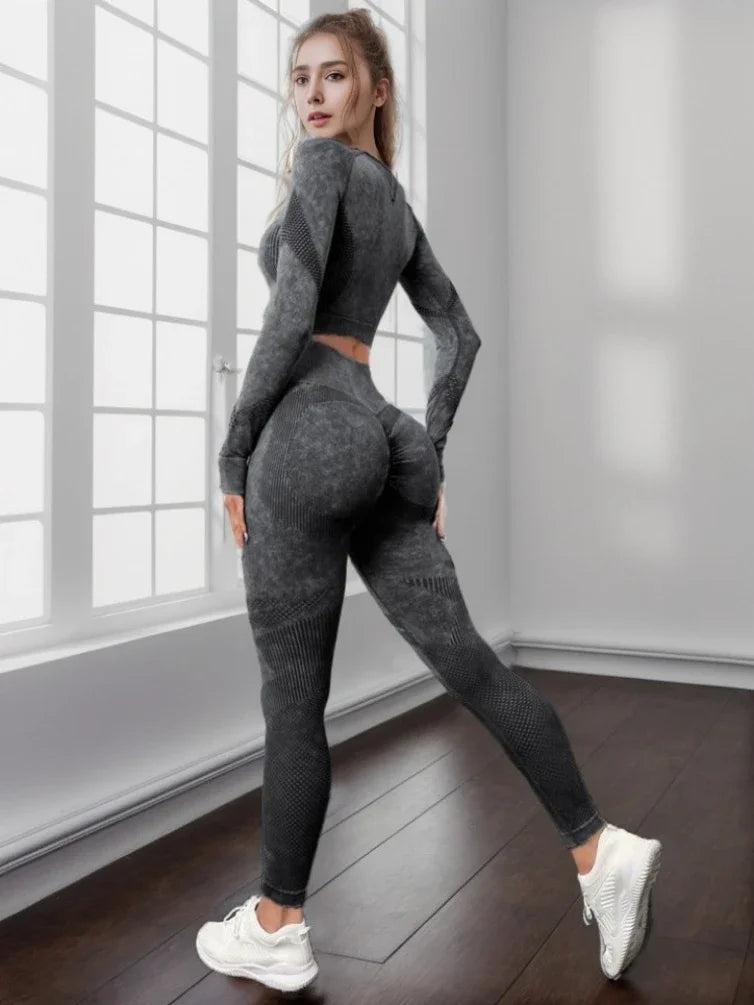 Ensemble de sport, pour femme, 2 pièces, séchage rapide, manches longues, haut court, Leggings ta