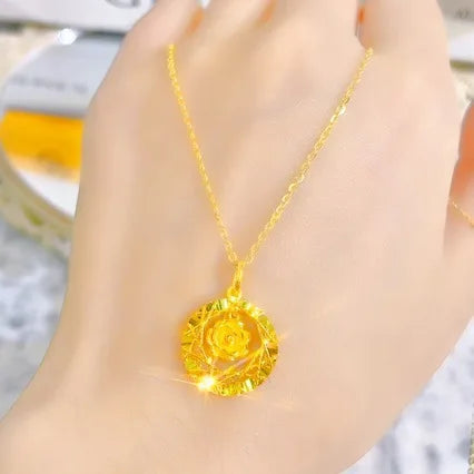 Collier jaune 24 carats pour femme, pendentif fleur clignotante, bijoux en or véritable