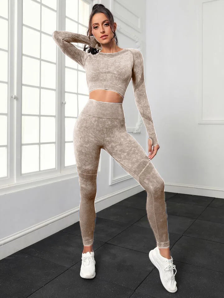 Ensemble de sport, pour femme, 2 pièces, séchage rapide, manches longues, haut court, Leggings ta