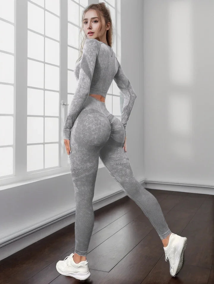 Ensemble de sport, pour femme, 2 pièces, séchage rapide, manches longues, haut court, Leggings ta