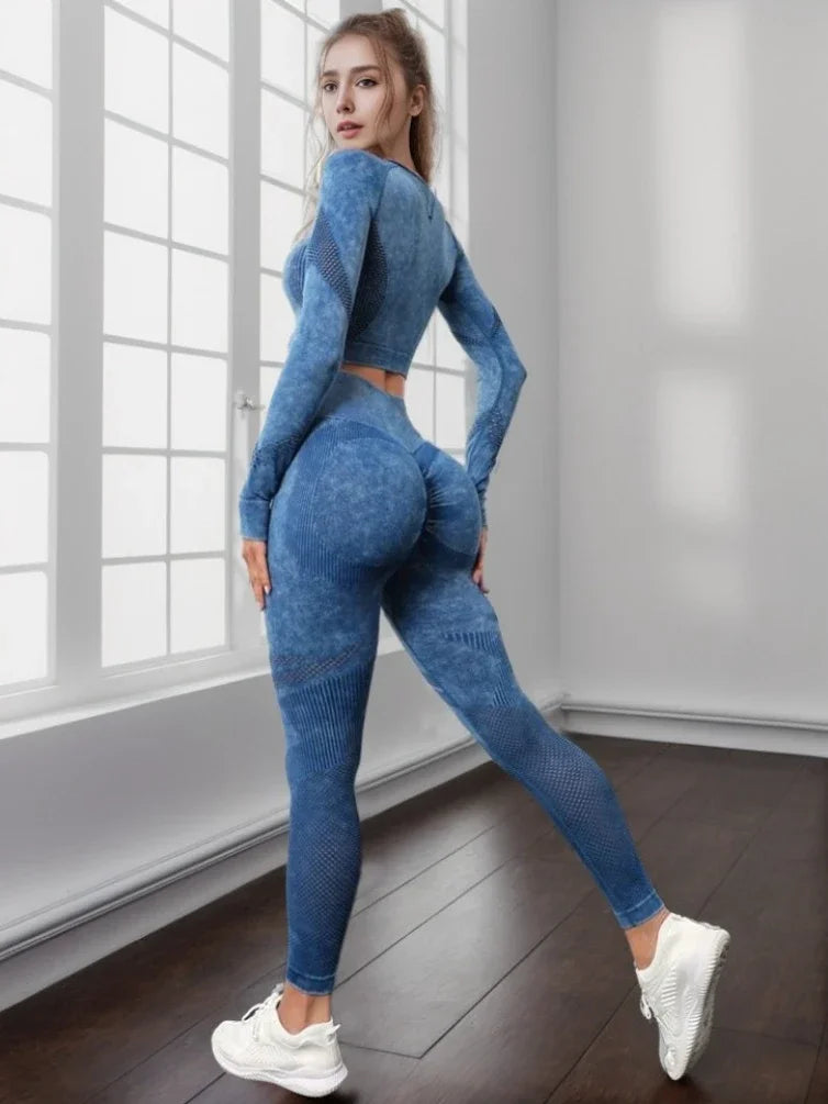 Ensemble de sport, pour femme, 2 pièces, séchage rapide, manches longues, haut court, Leggings ta
