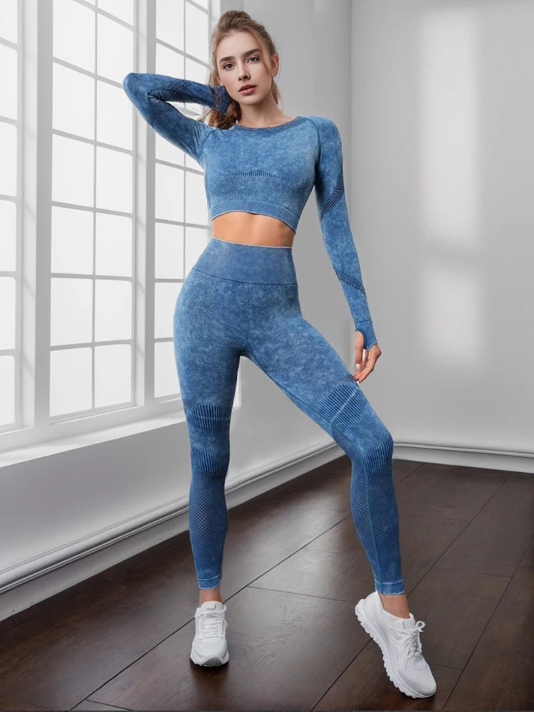 Ensemble de sport, pour femme, 2 pièces, séchage rapide, manches longues, haut court, Leggings ta