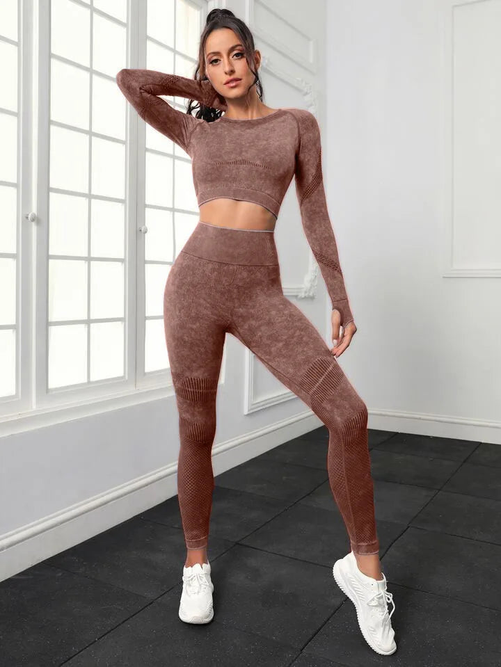 Ensemble de sport, pour femme, 2 pièces, séchage rapide, manches longues, haut court, Leggings ta