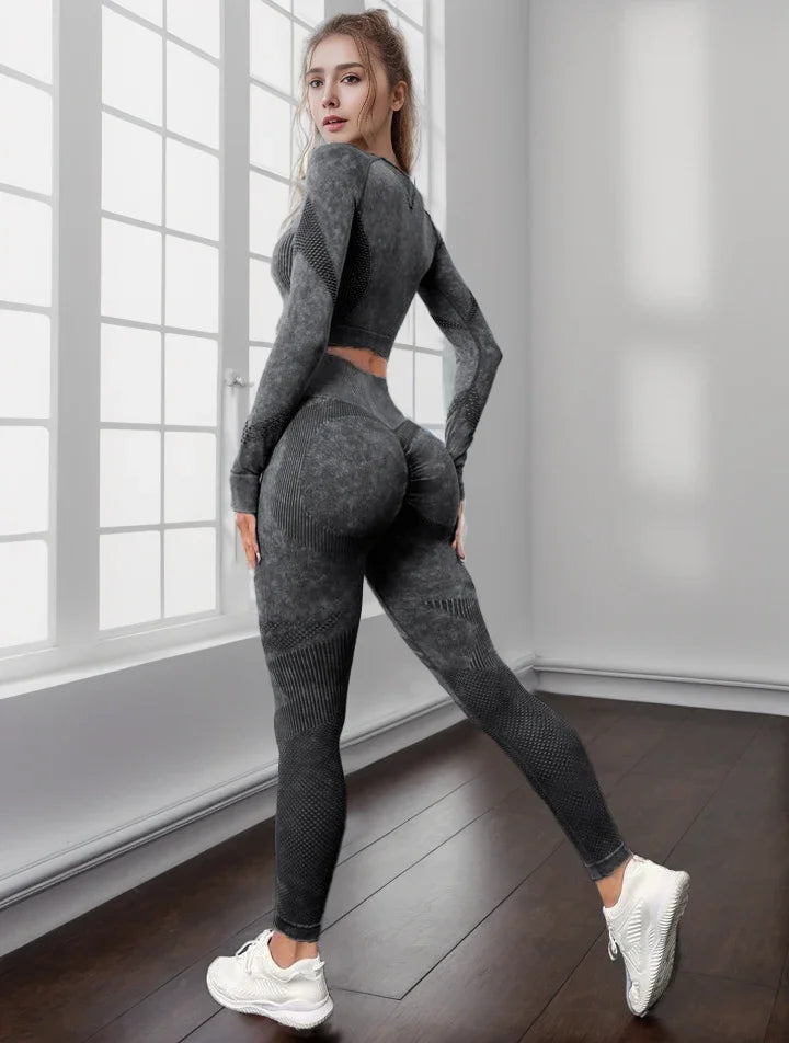 Ensemble de sport, pour femme, 2 pièces, séchage rapide, manches longues, haut court, Leggings ta