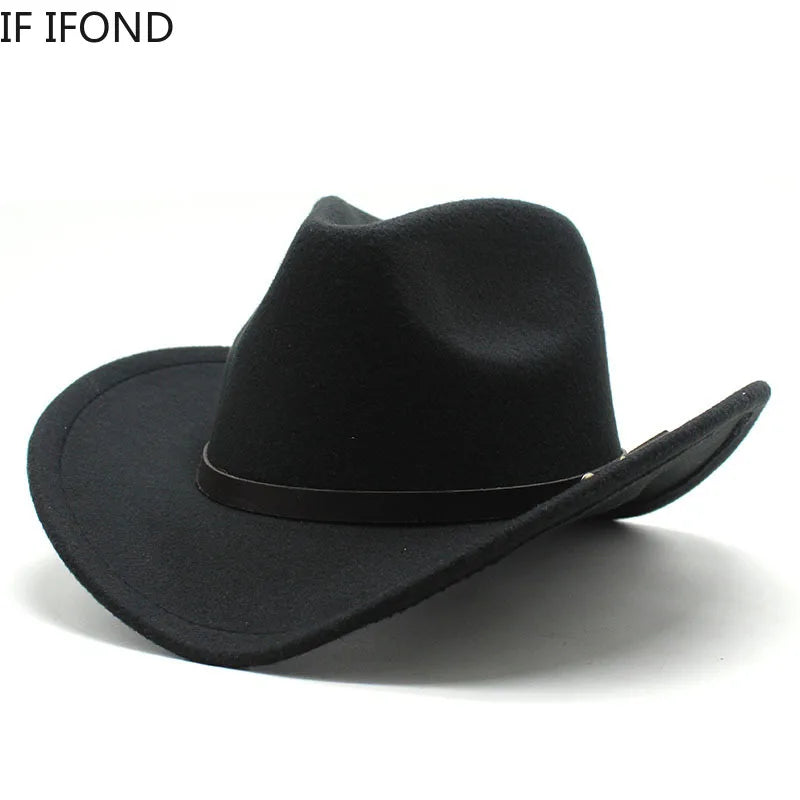 Chapeau en feutre de cowboy occidental vintage unisexe avec ceinture punk, casquette de jazz en laine,