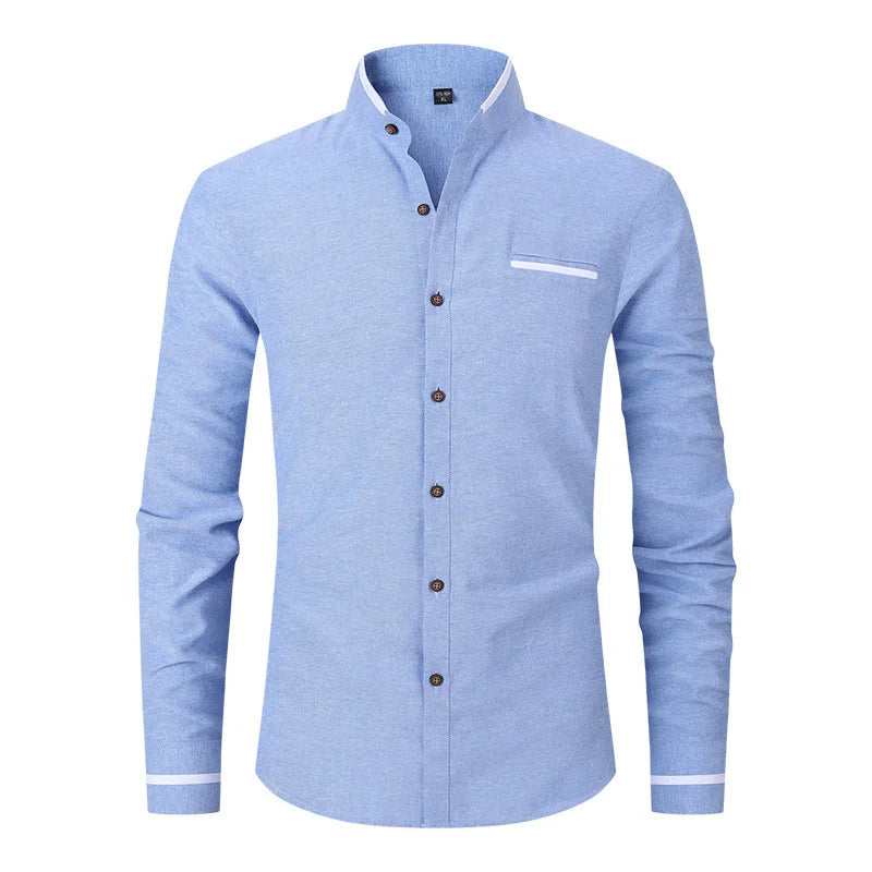 Chemise décontractée à manches longues, pour homme, col montant, de haute qualité