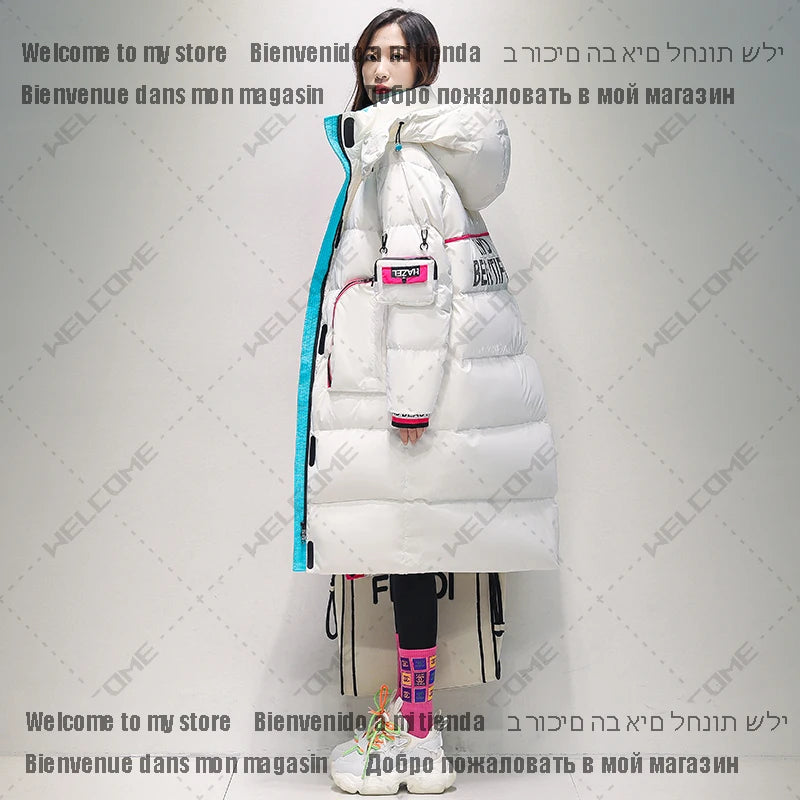 Doudoune longue  pour femme, manteau en duvet de résines blanches, parka de neige à capuche pour femme, vêtement d'extérieur