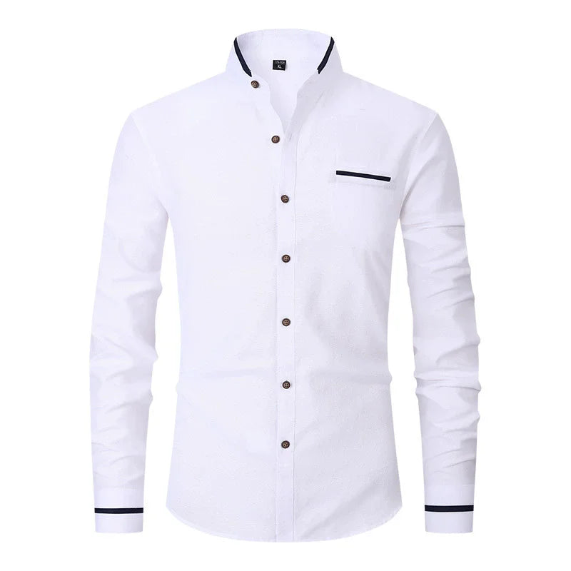 Chemise décontractée à manches longues, pour homme, col montant, de haute qualité