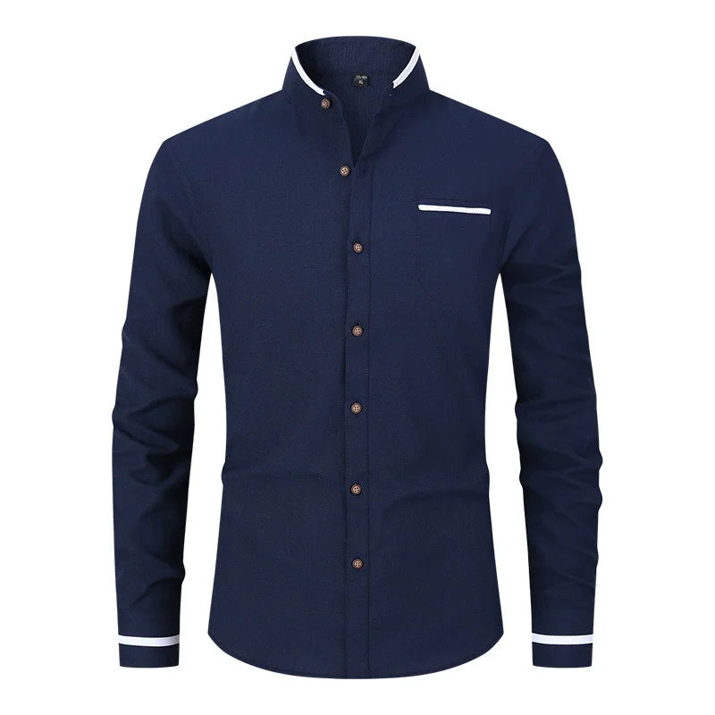 Chemise décontractée à manches longues, pour homme, col montant, de haute qualité