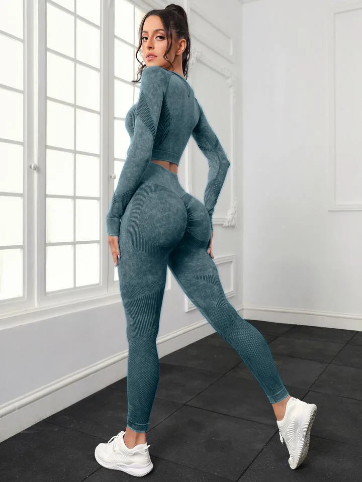 Ensemble de sport, pour femme, 2 pièces, séchage rapide, manches longues, haut court, Leggings ta